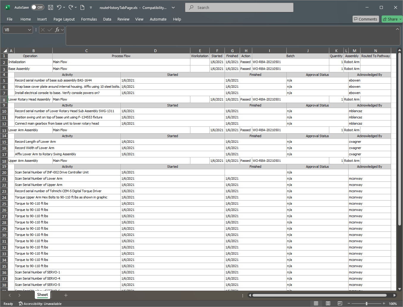 Export traceability data in xls format