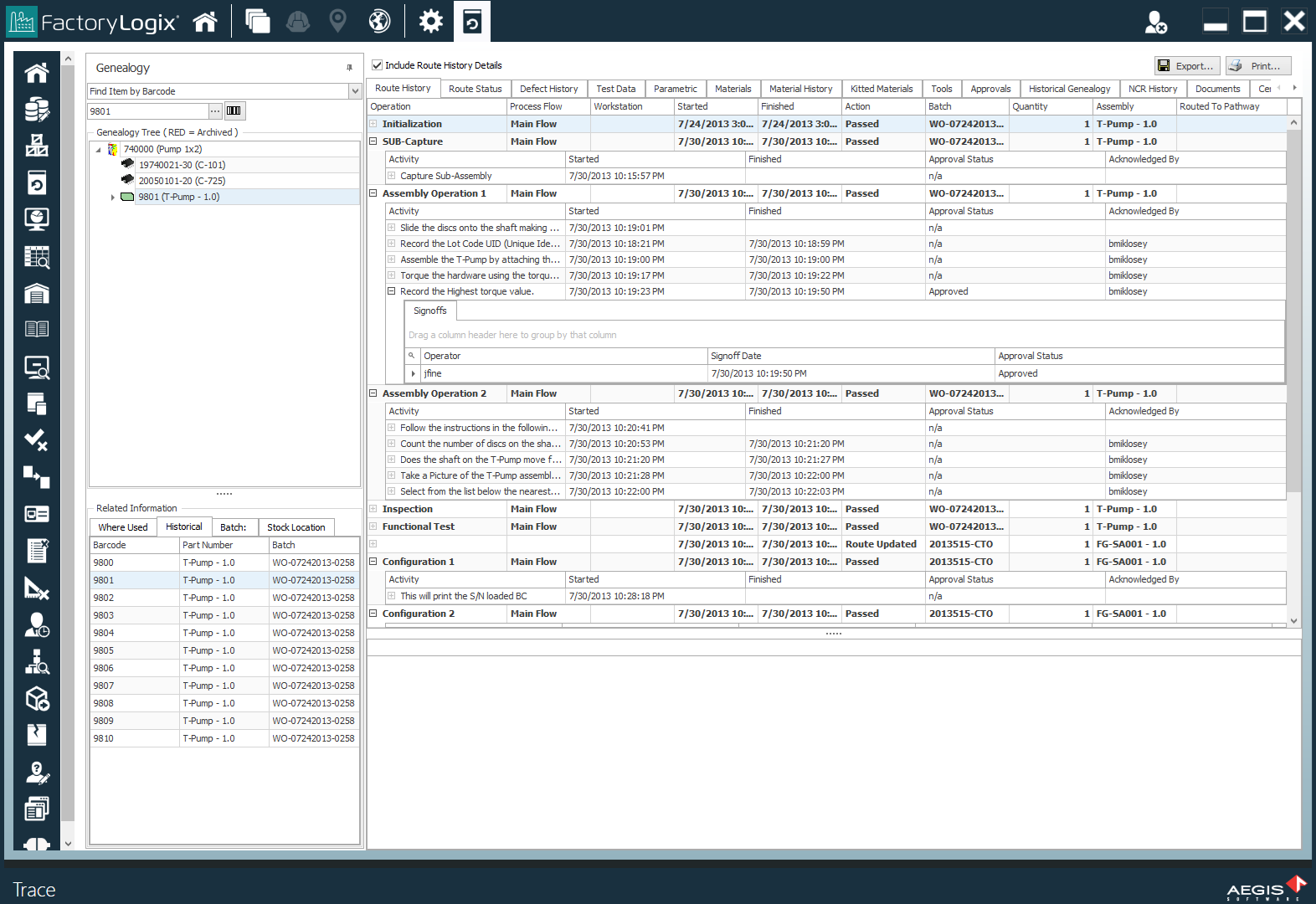 Trace window - Route History tab