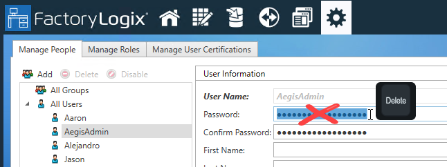 AegisAdmin password fields