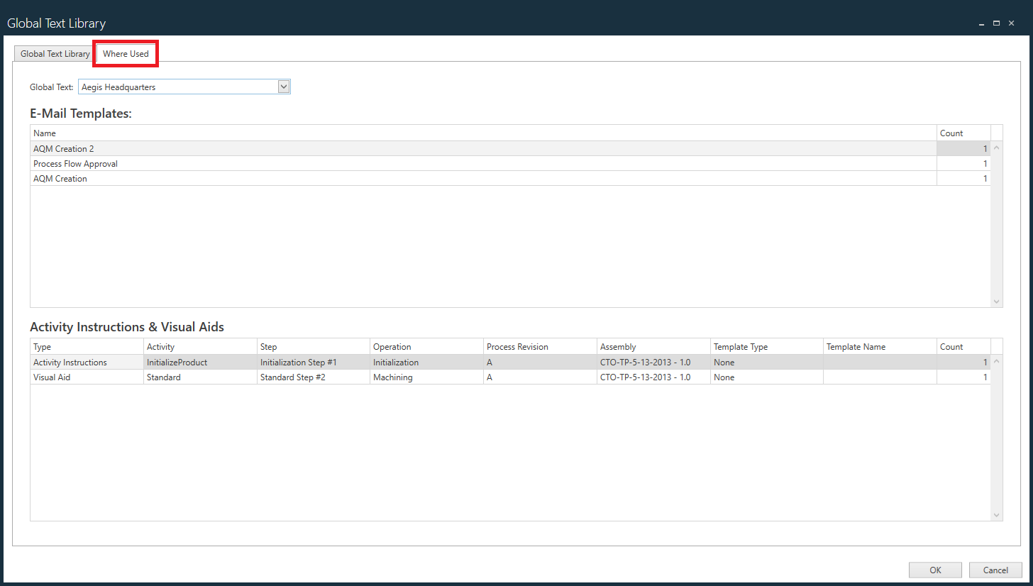 Where Used tab - global text