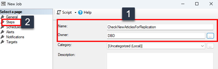 Enter a name for the job, then select Steps