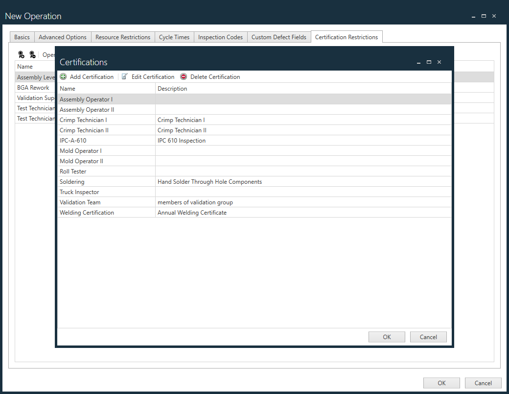 Certifications dialog