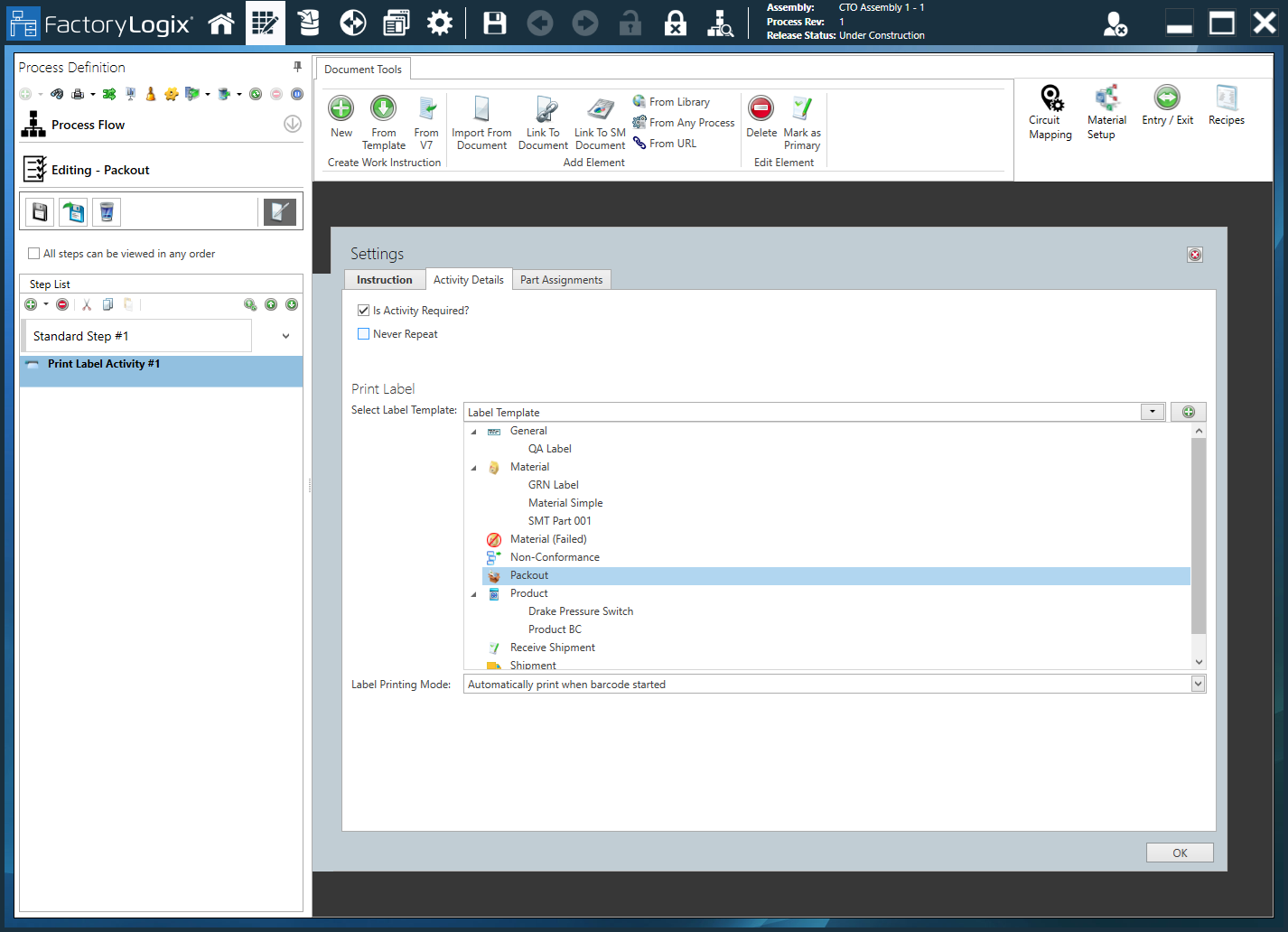 Print Label activity - Activity Details tab