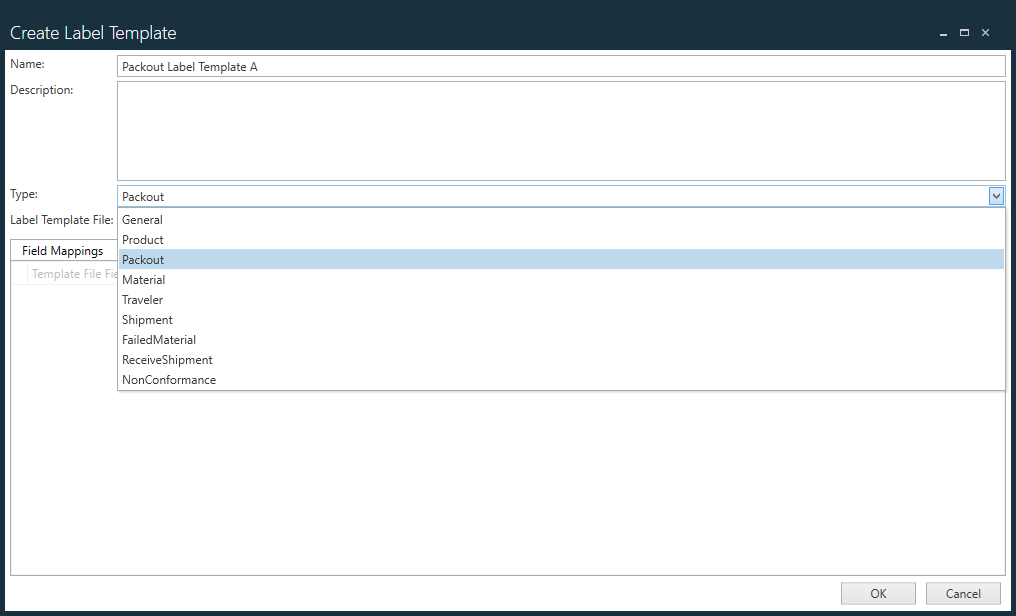 Print Label activity - Create Label Template dialog