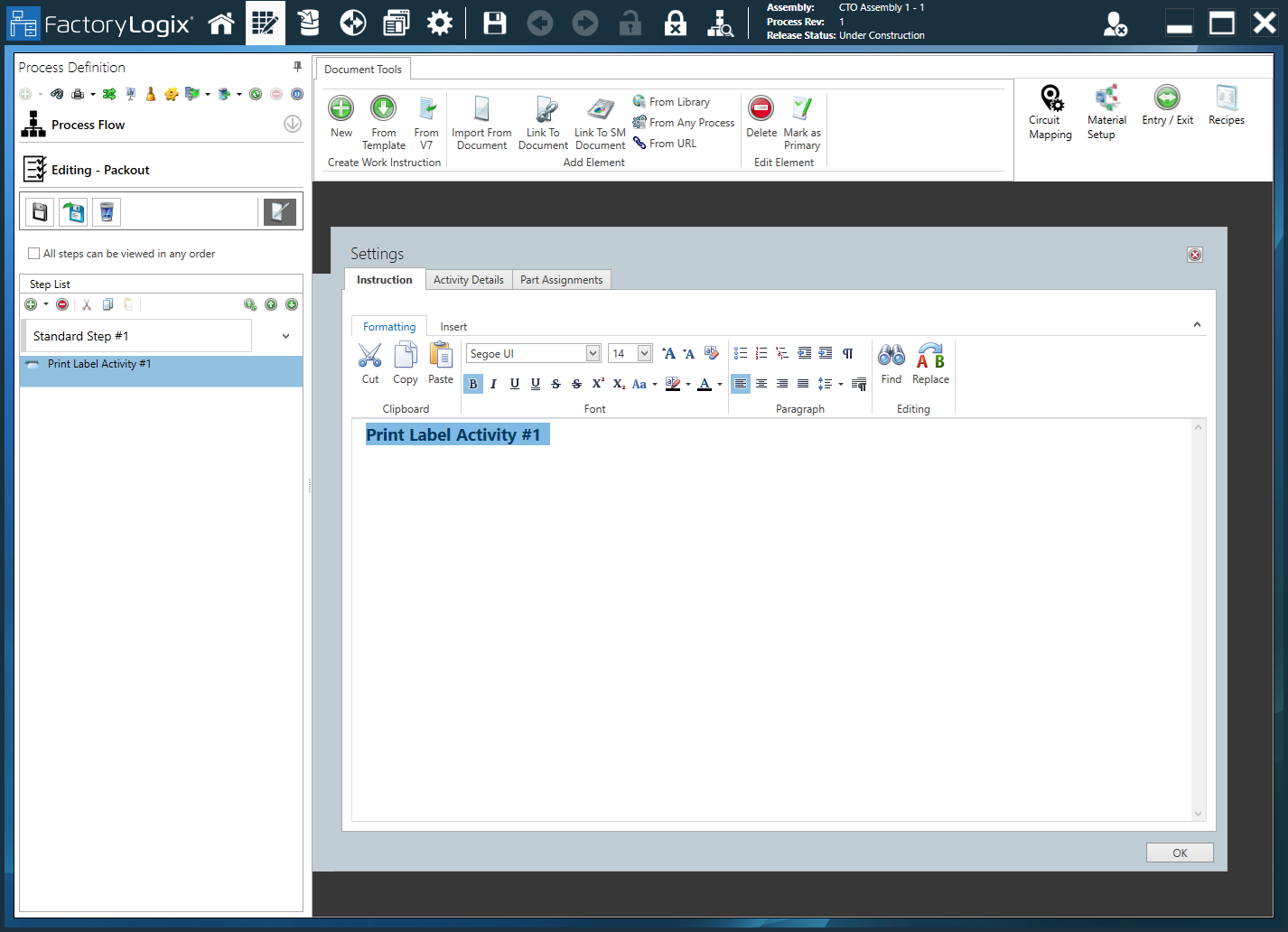 Print Label activity - Instruction tab