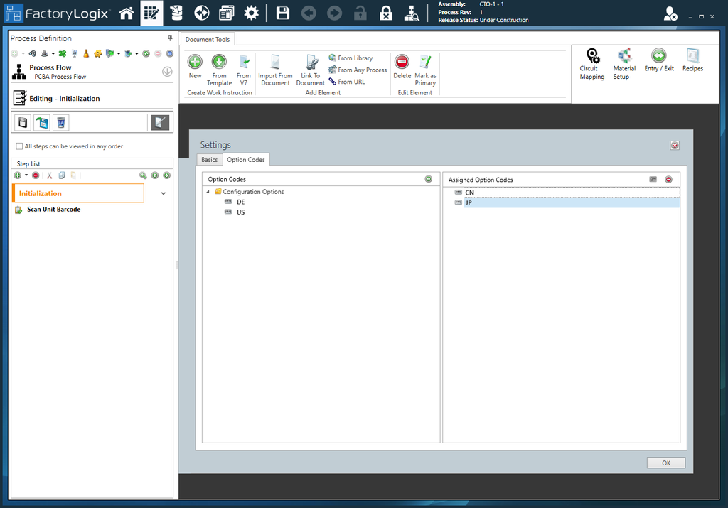 Option codes for an Initialization step