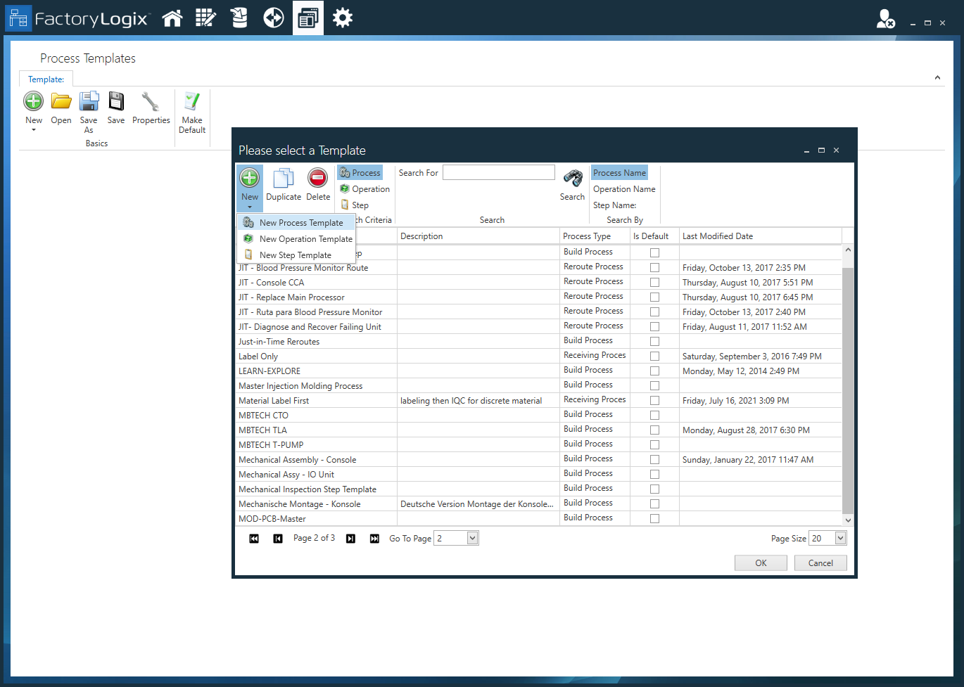 Process Templates window