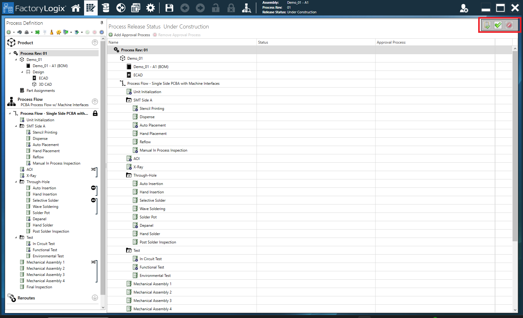 Select the large Green check mark in the upper-right corner of the window to release a process to production