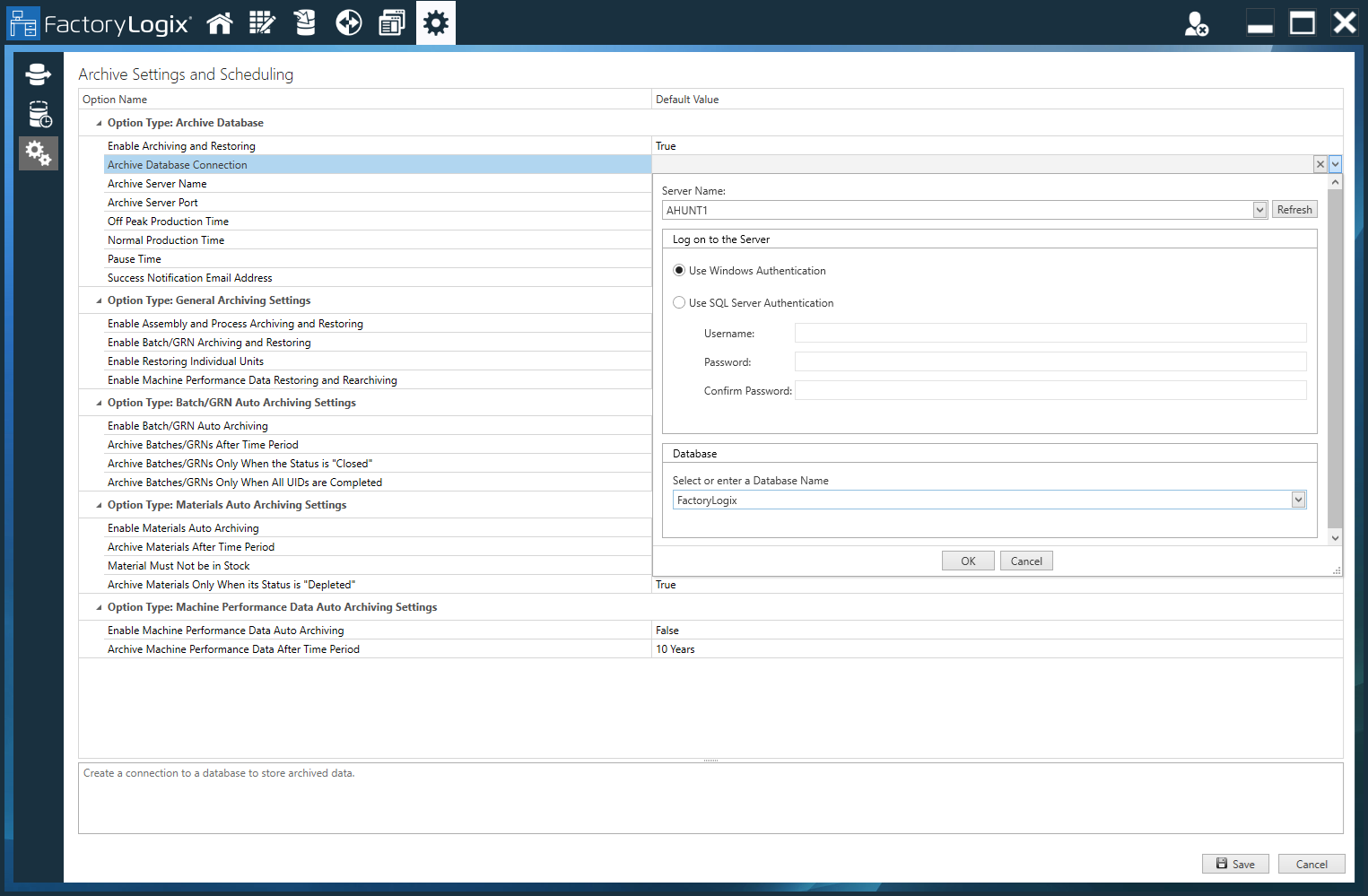 Archive Database Connection settings