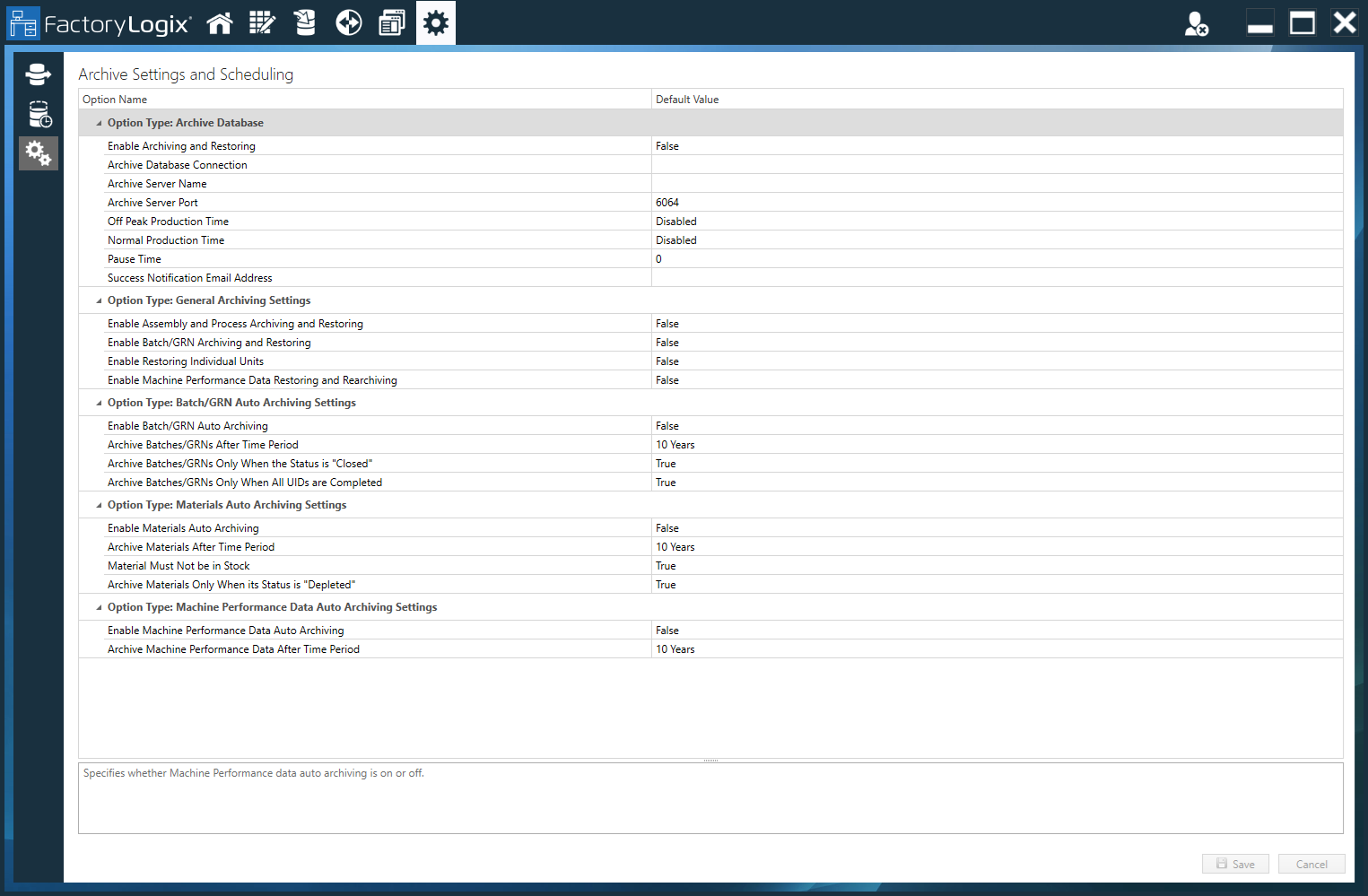 Archive Settings and Scheduling window