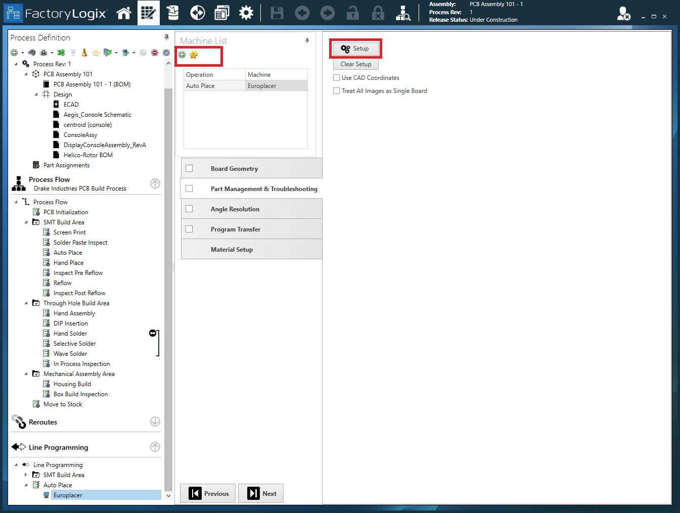 Europlacer Machine List window Settings and Setup options
