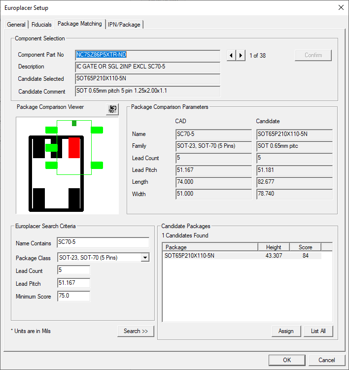Europlacer Setup dialog - Package Matching tab
