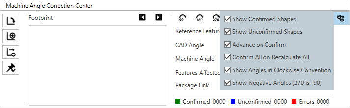 Machine Angle Correction Center - drop-down menu options