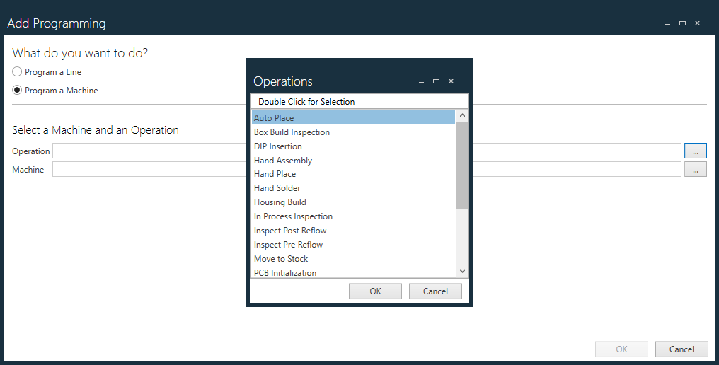 Add programming - select an operation for machine programming