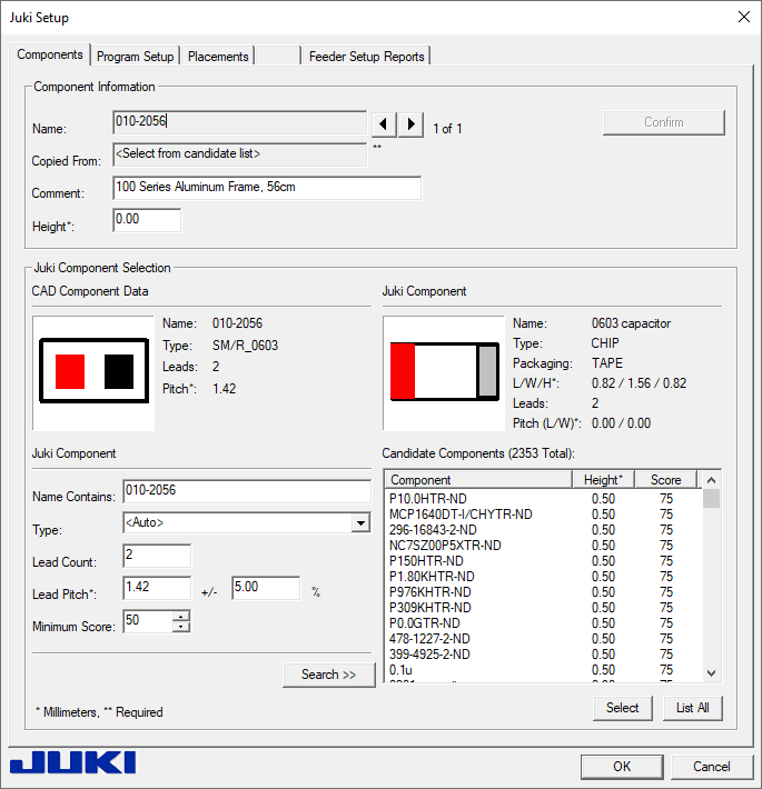 Juki Setup dialog - Components tab