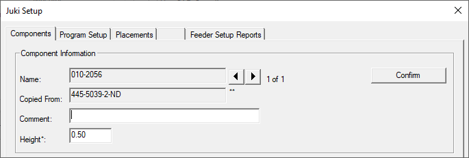 Juki Setup dialog - Component Information area