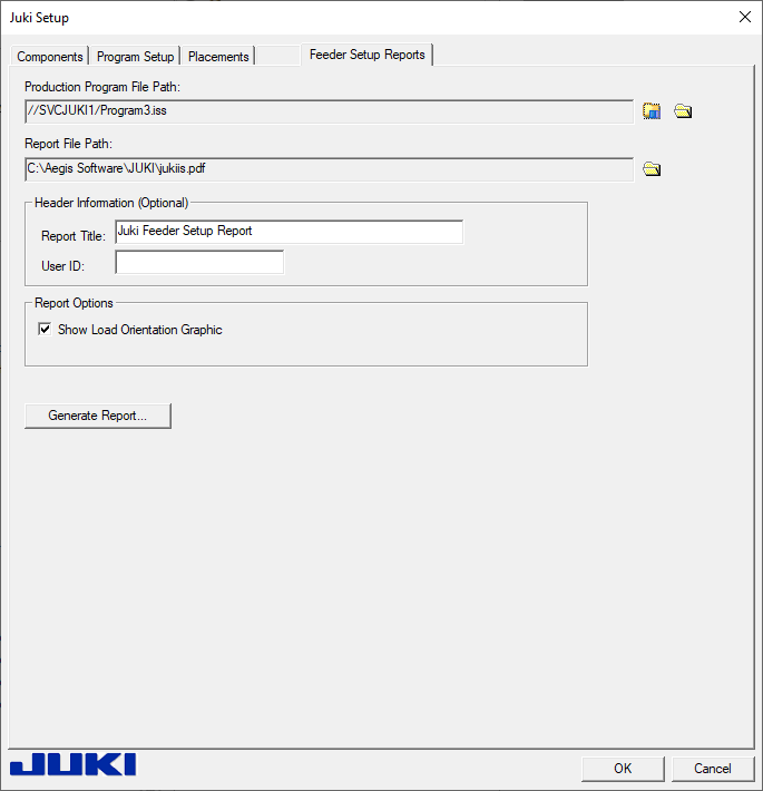 Juki Setup dialog - Feeder Setup Reports tab