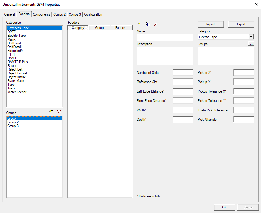 Universal Properties dialog CI2 format - Feeders tab