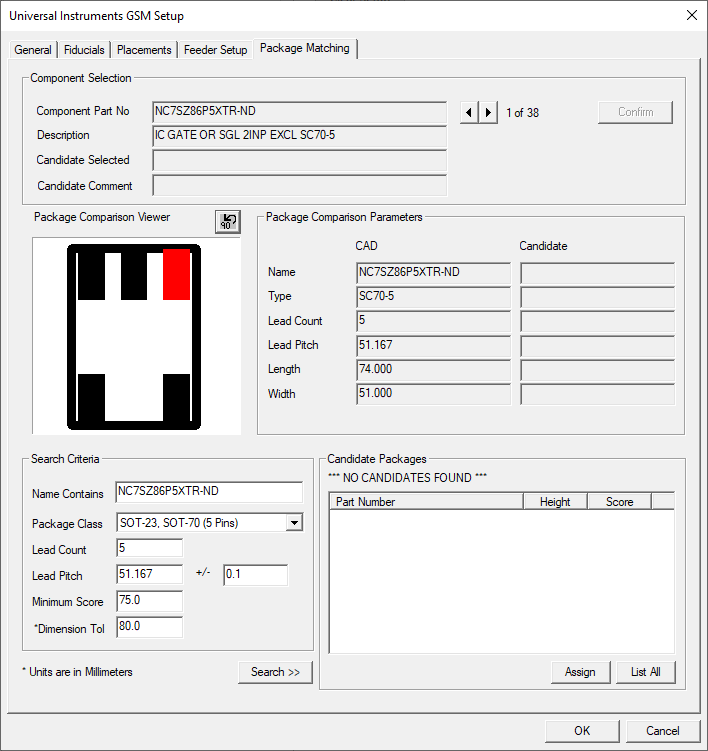 Universal Setup dialog - Package Matching tab