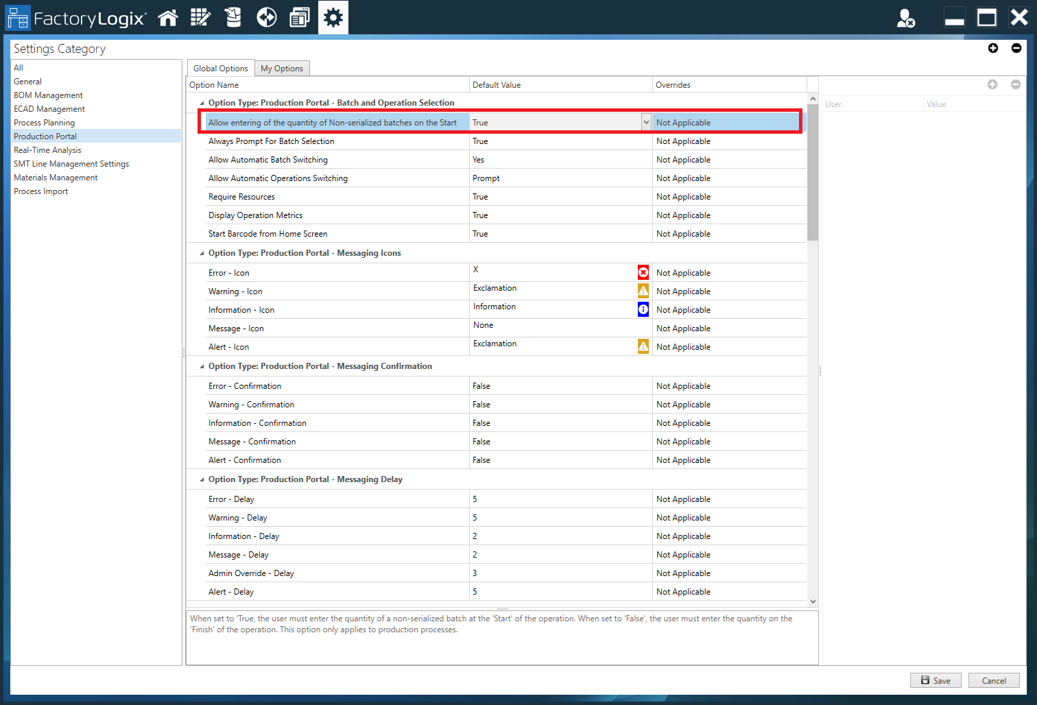 Global option - Allow entering of the quantity of Non-serialized batches on the Start