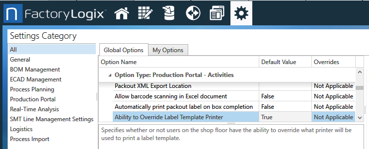 Global Options menu