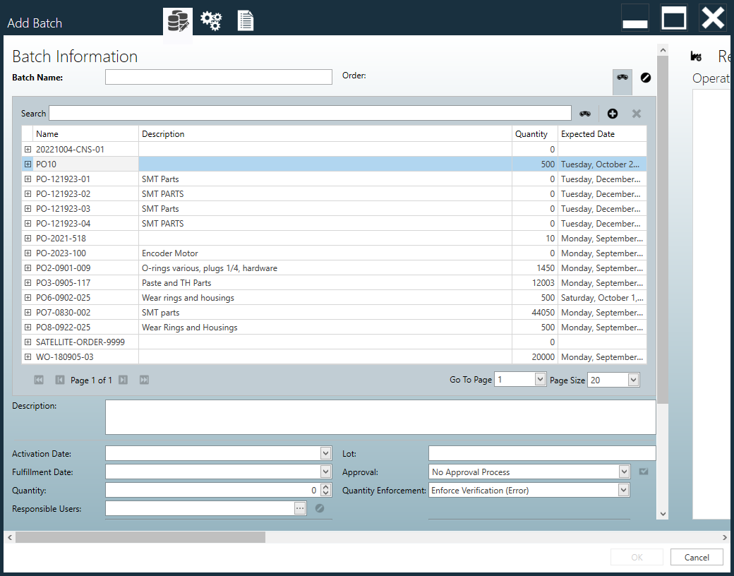 Find Orders dialog options for Add Batch dialog