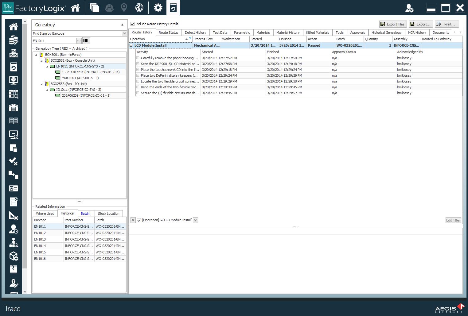 Filtered data in the Trace window