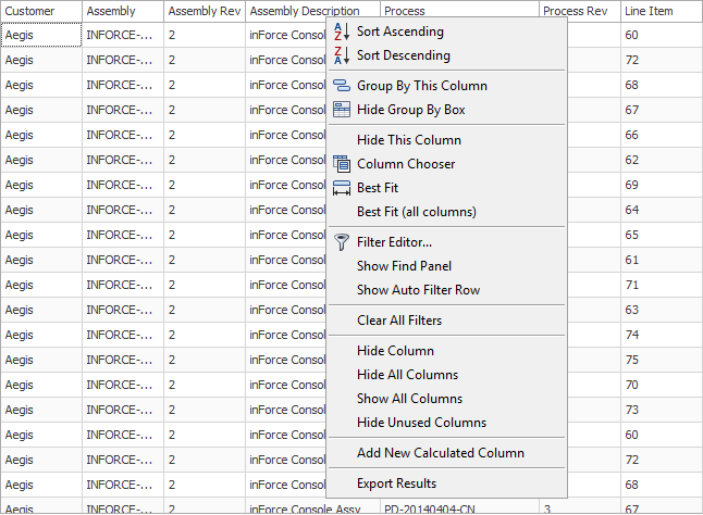 Column options menu