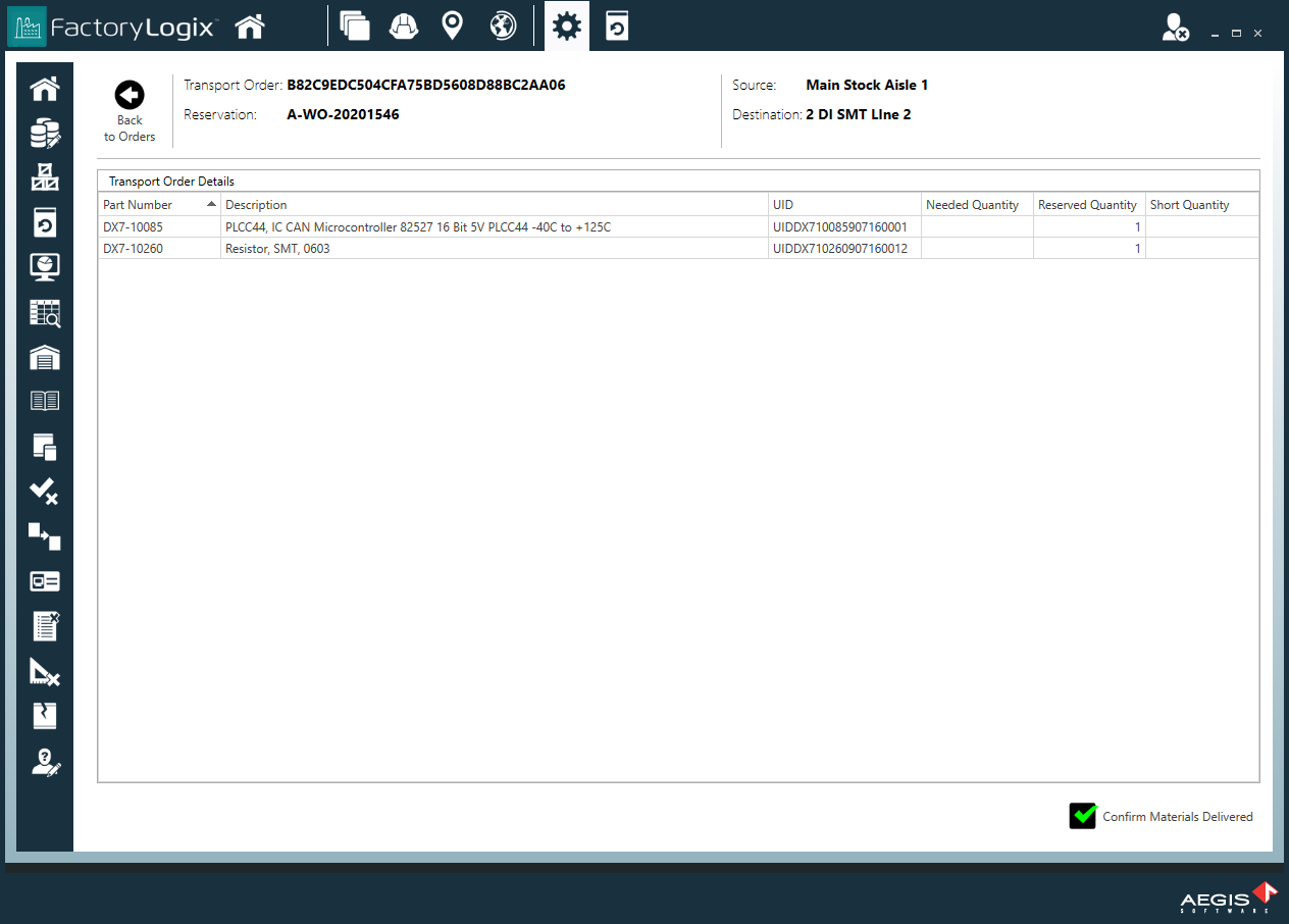 Confirm Materials Delivered - Transport Orders window