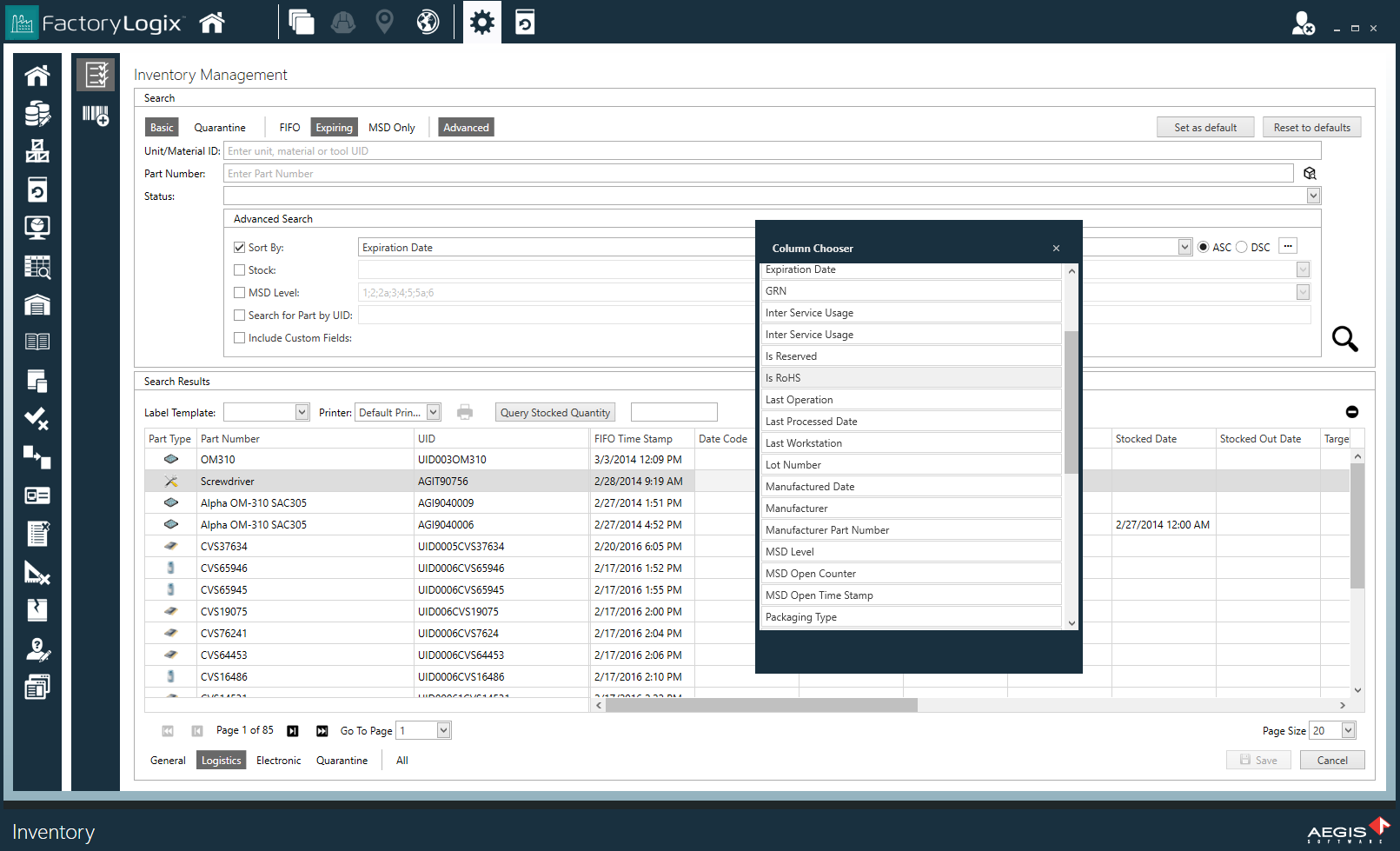 Inventory Management window - column chooser