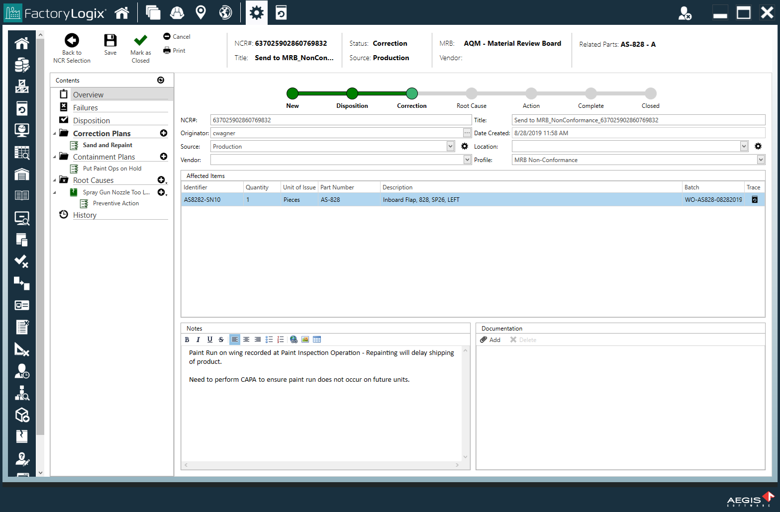 Non-Conformance window
