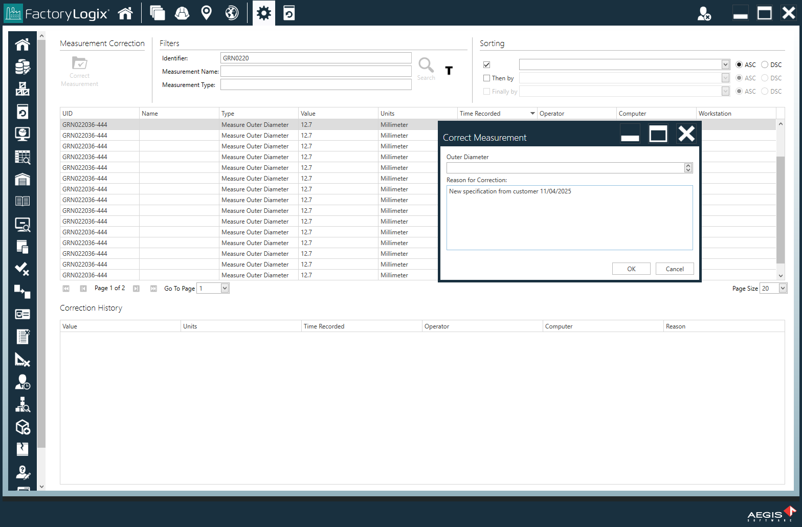 Correct Measurement dialog