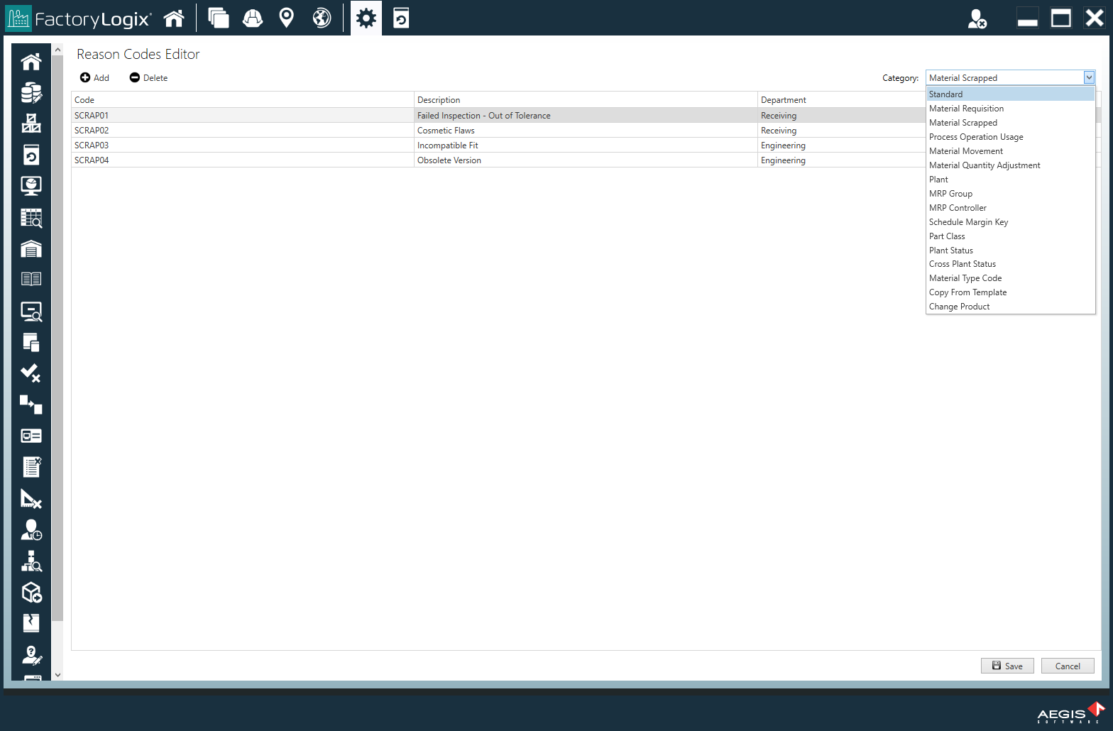 Reason Codes Editor window - categories