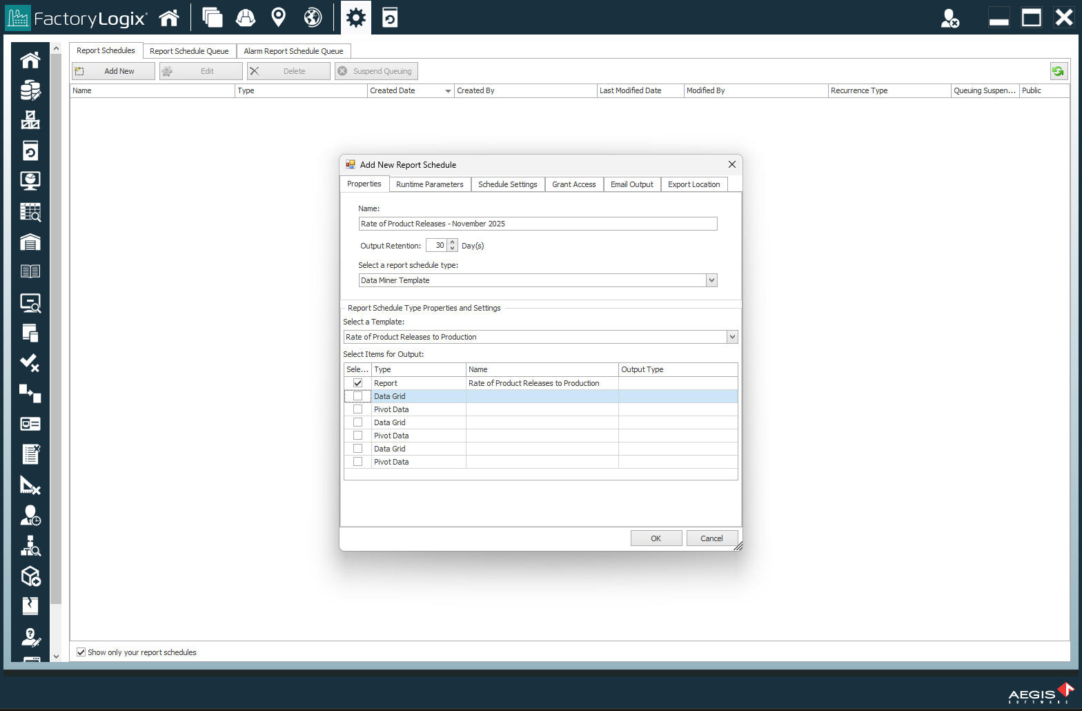 Report Scheduler window - Operations