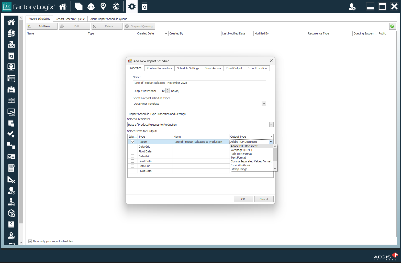 Report Scheduler window - Output Type