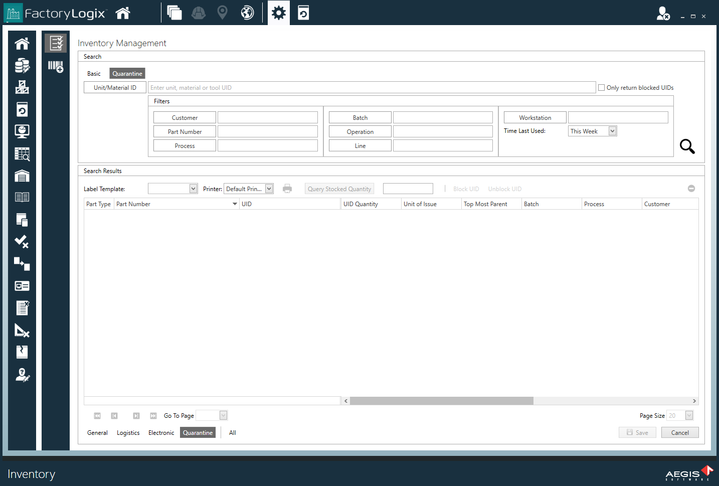Inventory Management window - Quarantine button