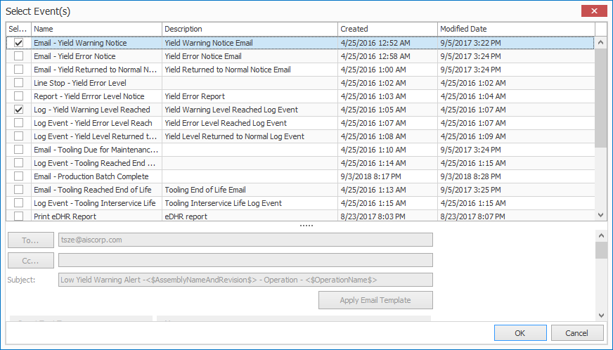 Select Events dialog