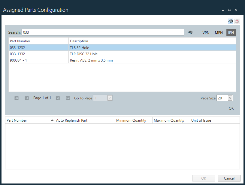 Assigned Parts Configuration window