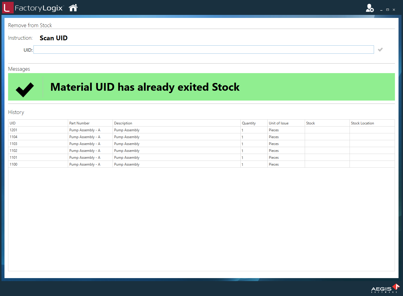 Material UID has already exited Stock message