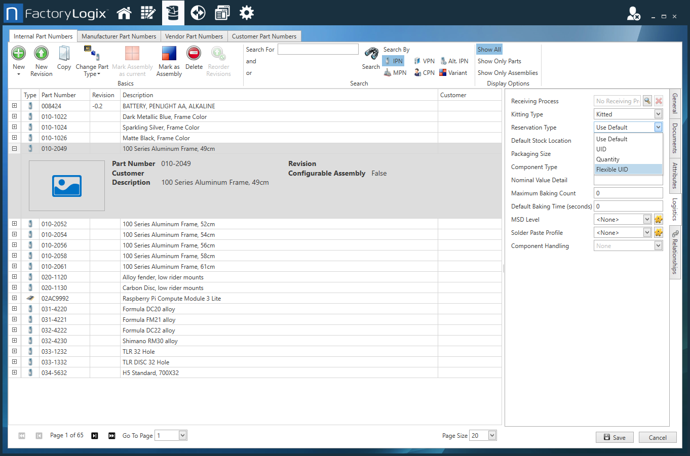 Internal Part Numbers Logistics tab