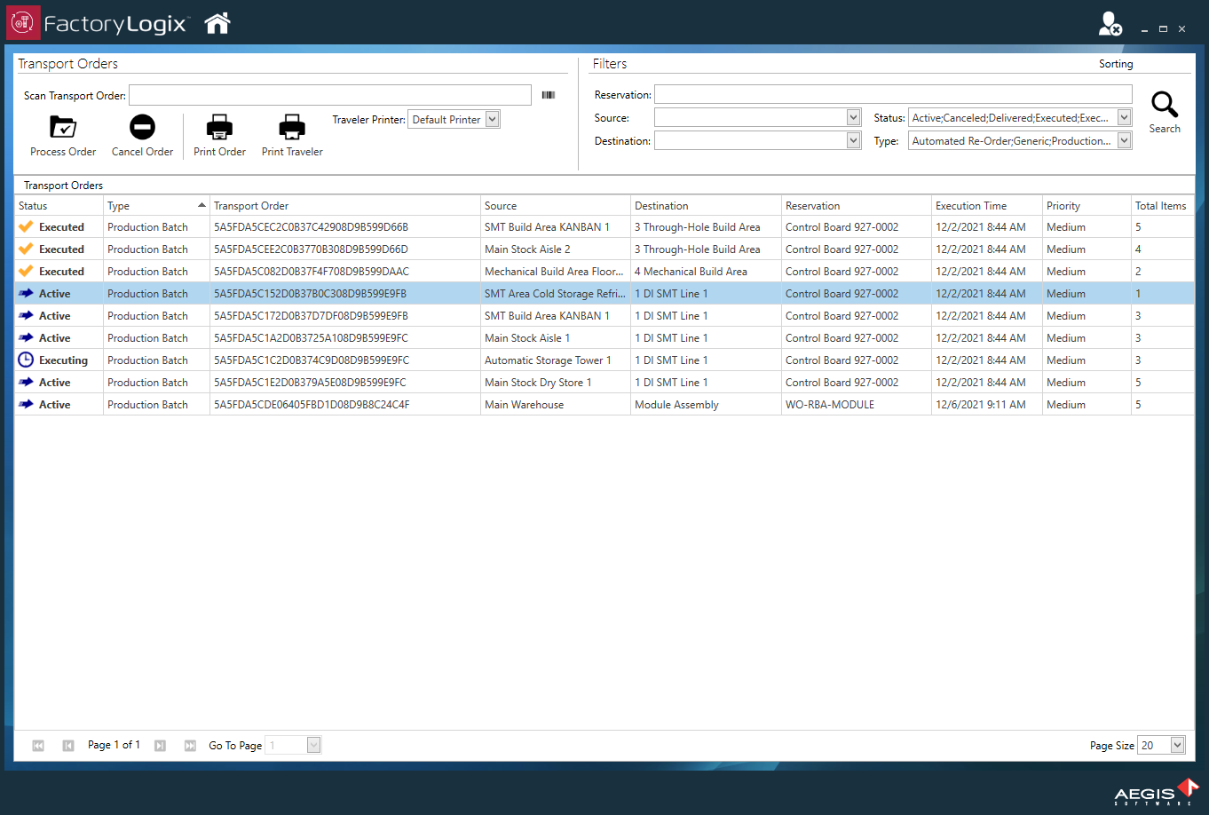 Transport Orders window