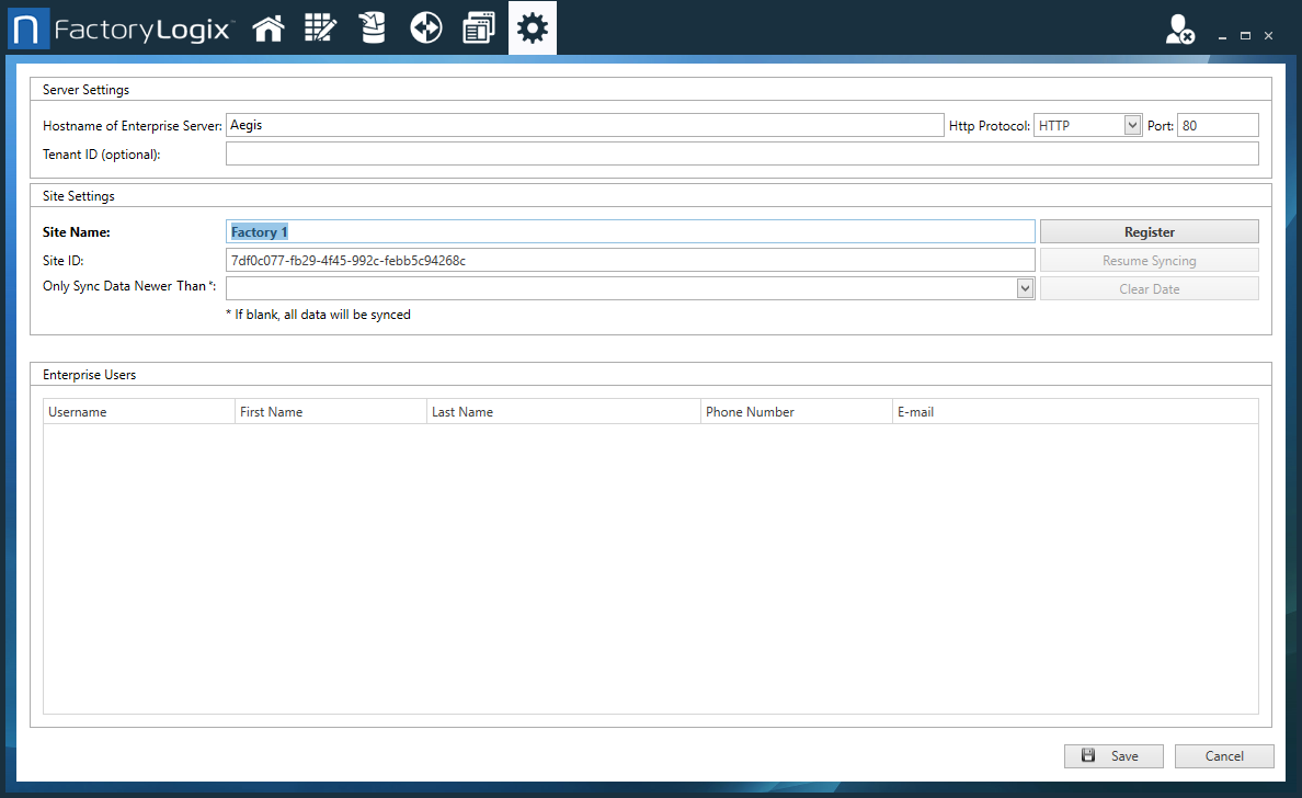 Server Settings dialog