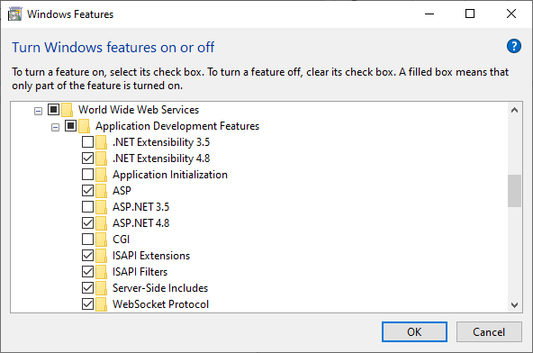 Windows features dialog