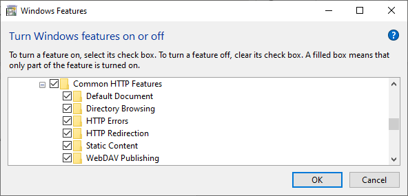 Windows features dialog