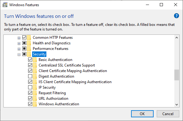 Windows features dialog
