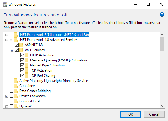 Windows features dialog