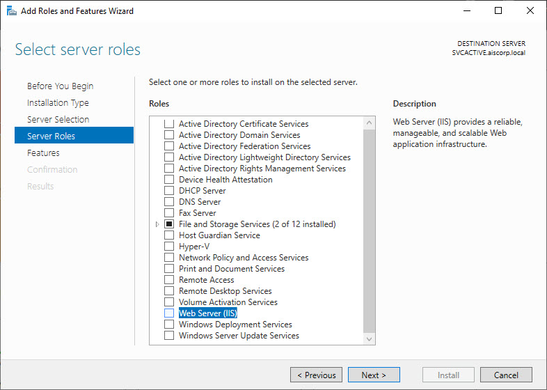 Select server roles page