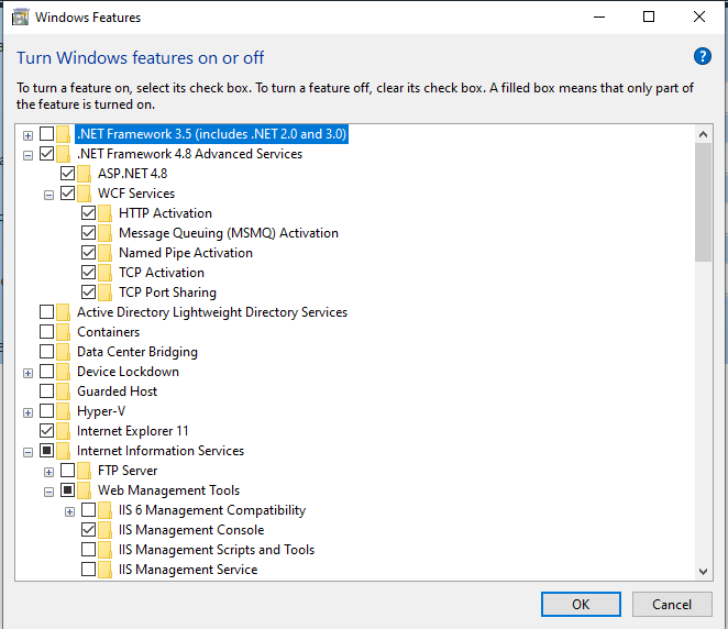 Windows Features dialog