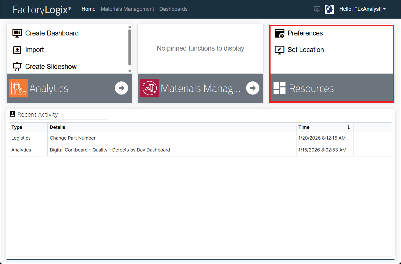 Home window - Resources area