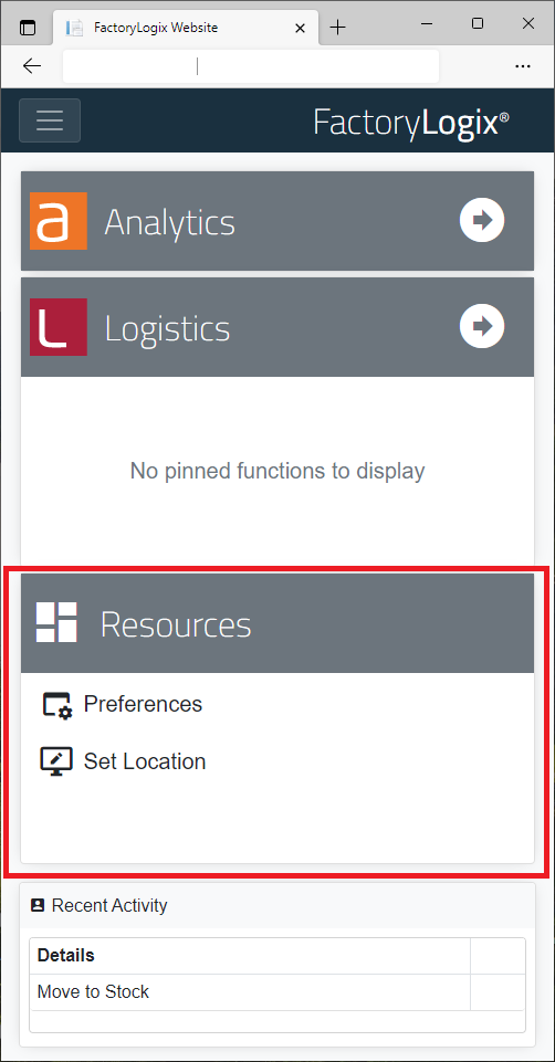 Logistics Home screen - Resources area